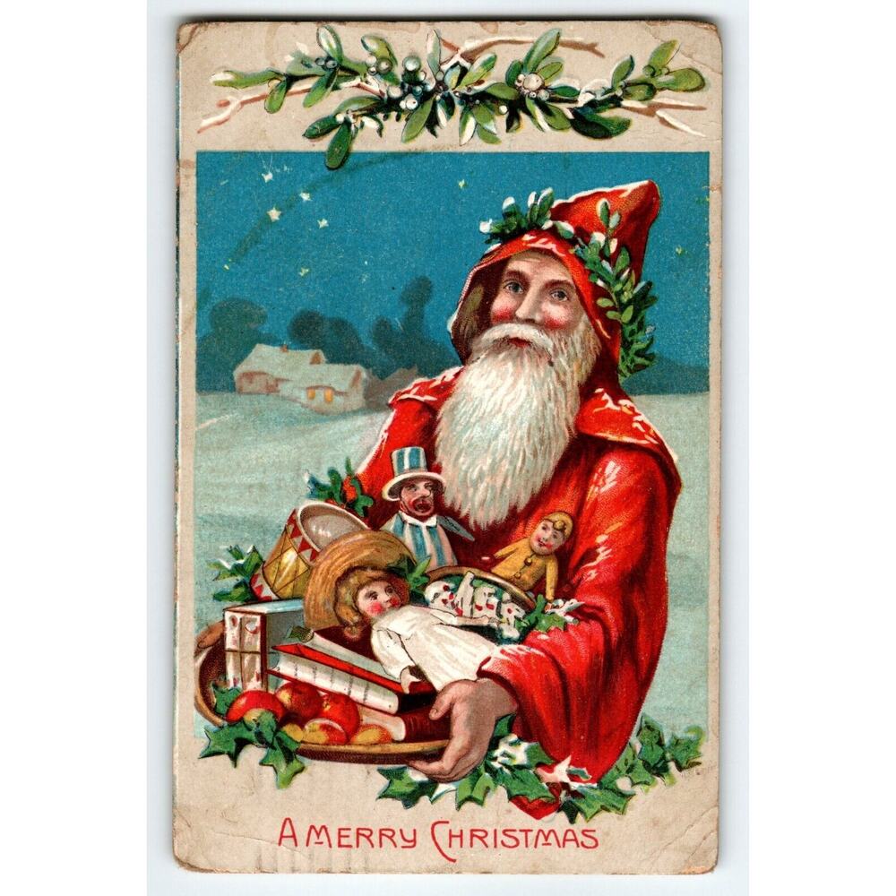Santa Claus Christmas Postcard Old World Embossed Toy Dolls Saxony 1908 Vintage